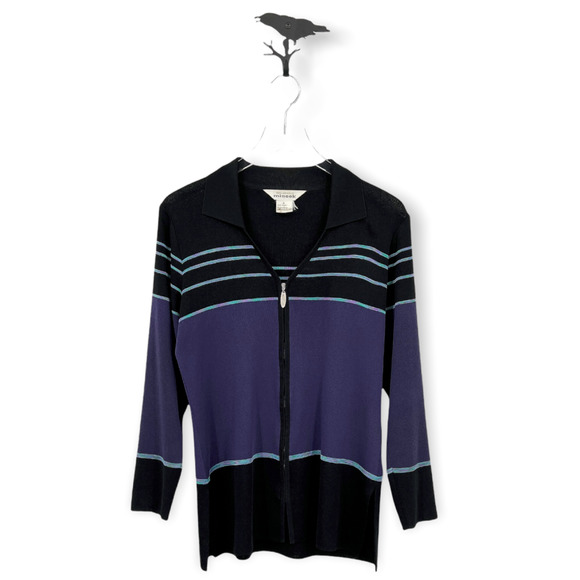 Exclusively Misook Black Purple Striped Zip Up Long Sleeve Knit Cardigan Size S - Picture 1 of 10